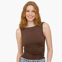 Boat Neck Sleeveless Ruched  Detail Seamless Knit Top