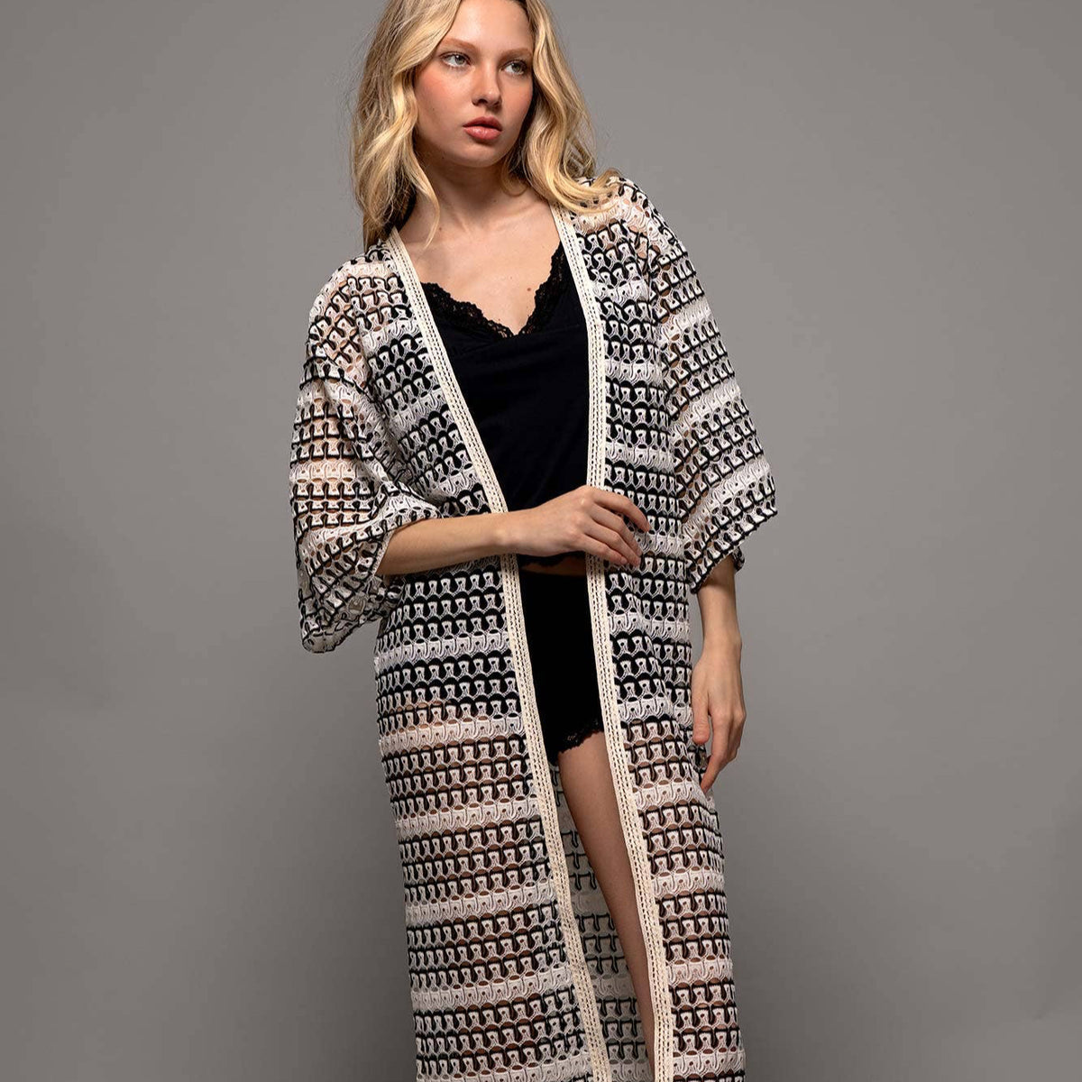 Geometric Crochet Kimono Sleeve Midi Cardigan