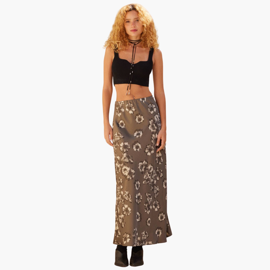 Floral Satin Elastic-Waist Straight Maxi Skirt