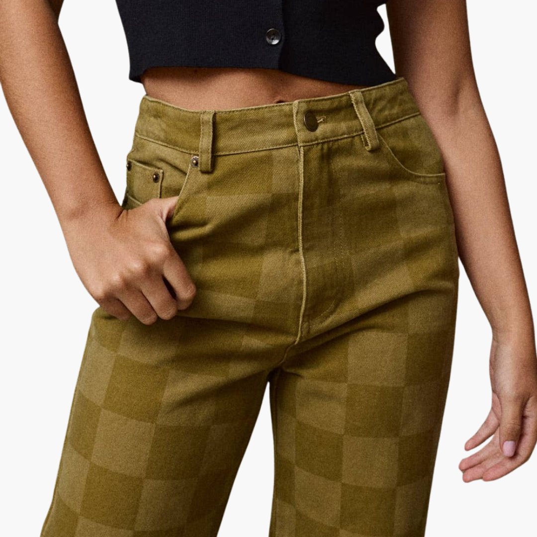 Olive Checkered Wide Leg Jeans