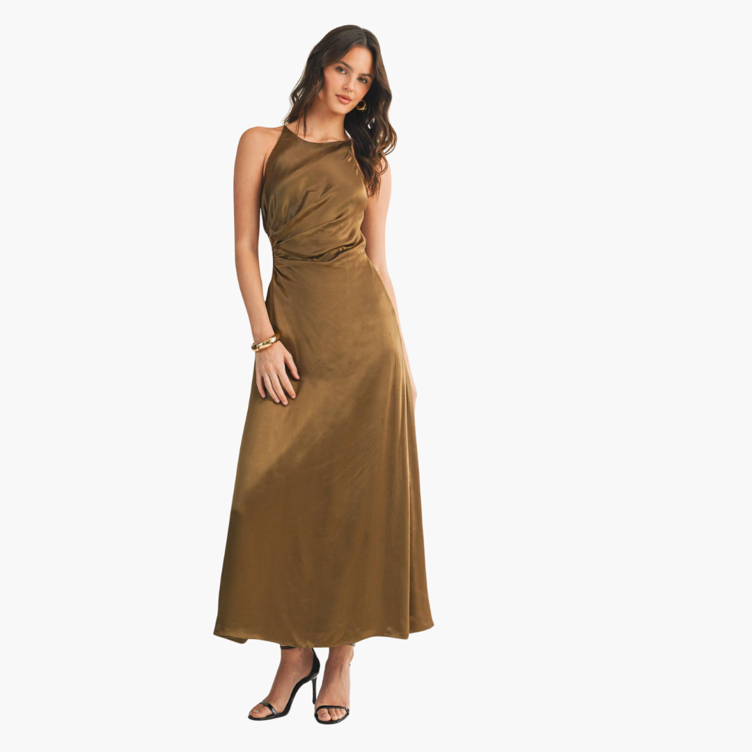 Smoke Olive Cut Out Satin Dress