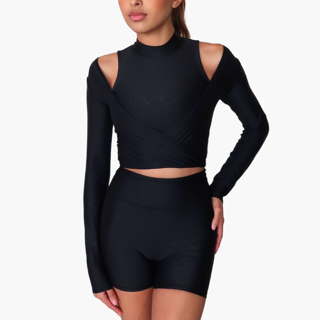 Mina Wrap Top in Geometric Embossed Nylon