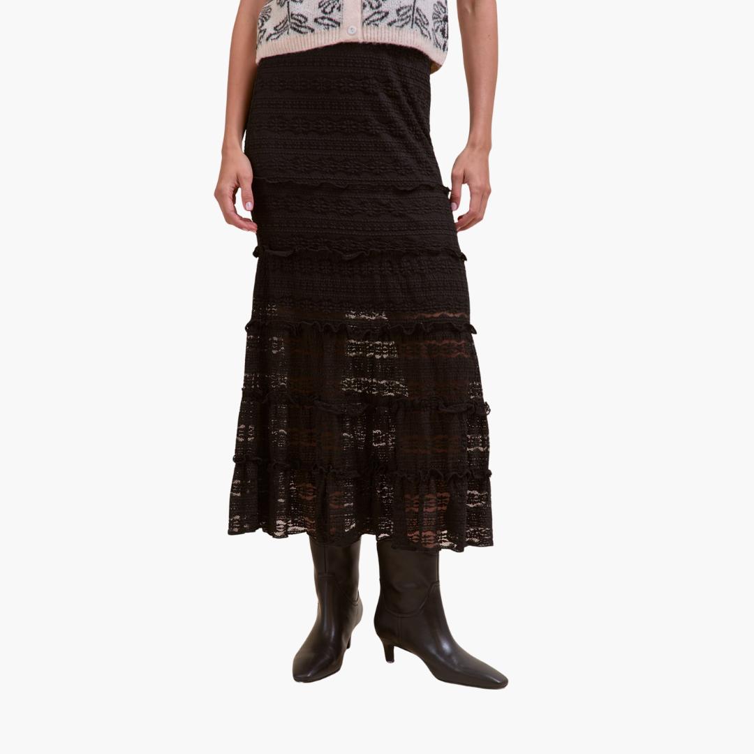 Black Lace Tiered Midi Skirt