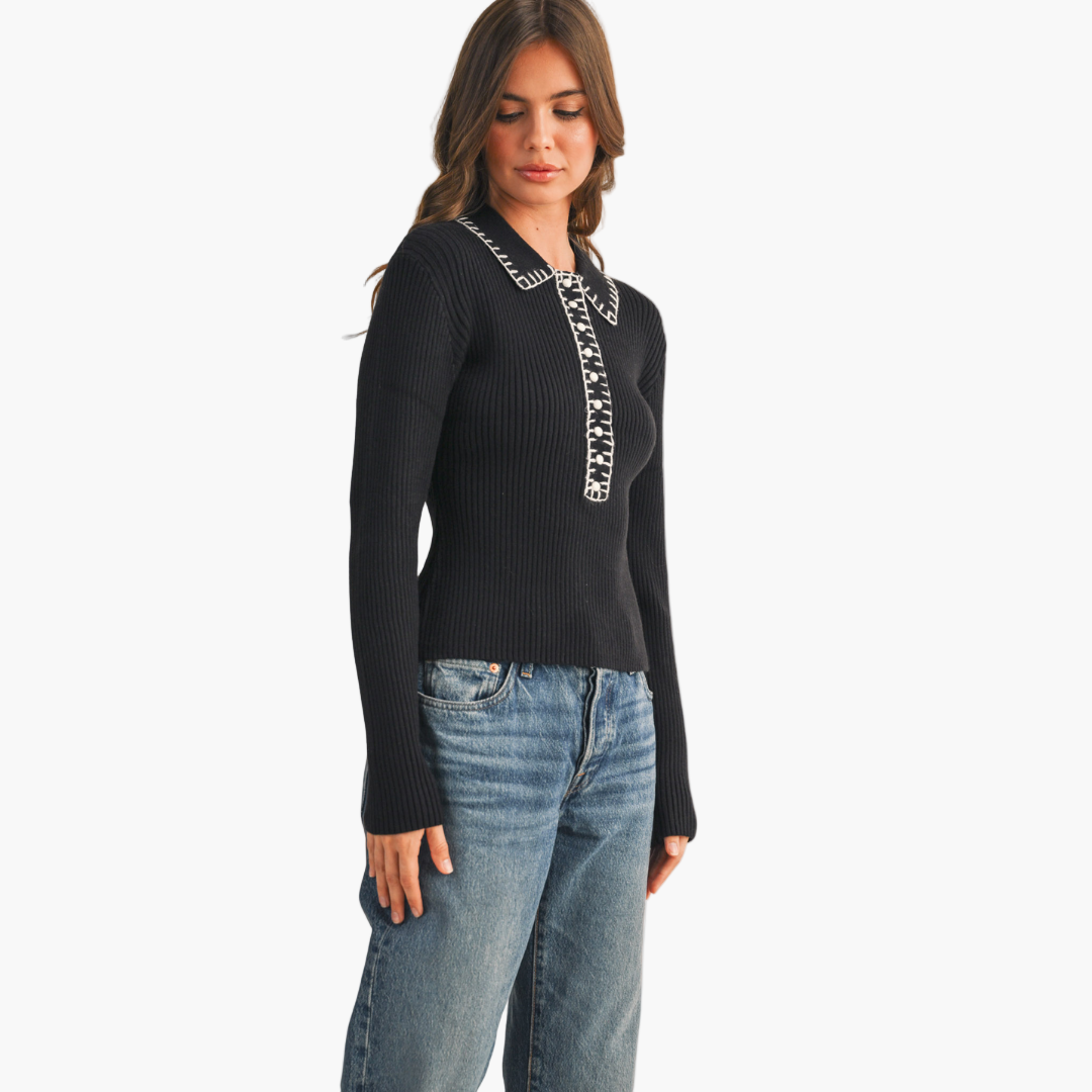 Black Collard Contrast Stitch Sweater
