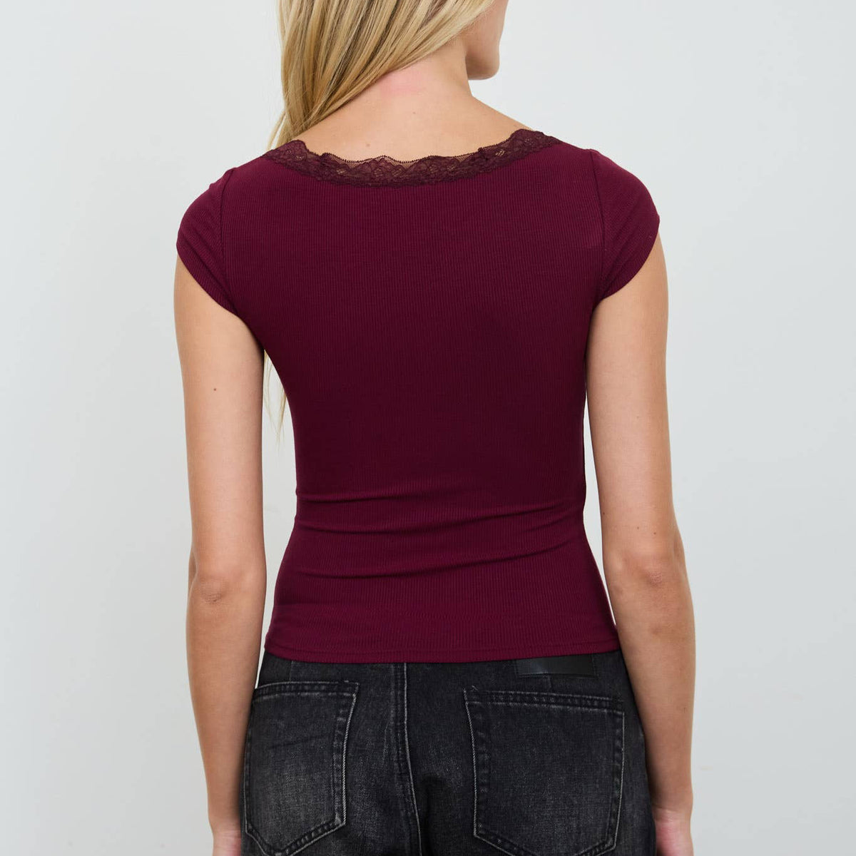 Brown Lace Trim Henley Knit Top