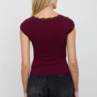 Brown Lace Trim Henley Knit Top