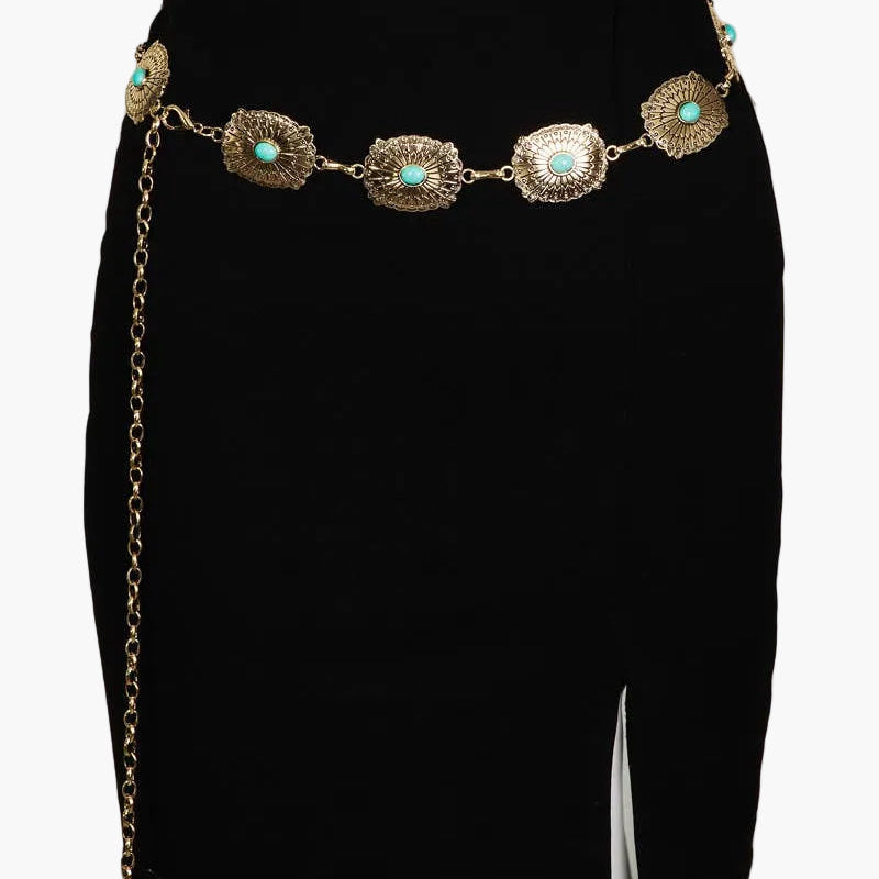 Turquoise Studded Medallion Gold Oval Chain Belt
