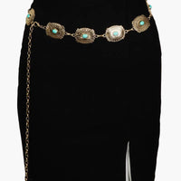 Turquoise Studded Medallion Gold Oval Chain Belt