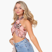 Scarf Print Halter Twist Crop Top