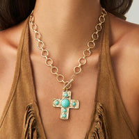 Textured Turquoise Hammered Cross Necklace