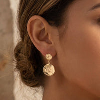 Two Tone Textured Double Coins Dangle Earrings