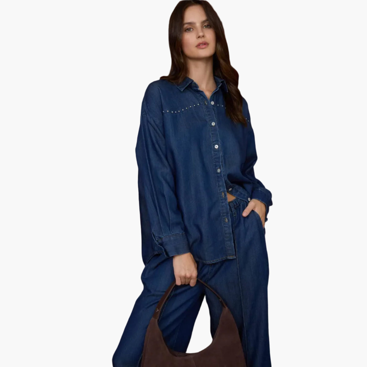Collared Button Down Stud Detail Denim Shirt