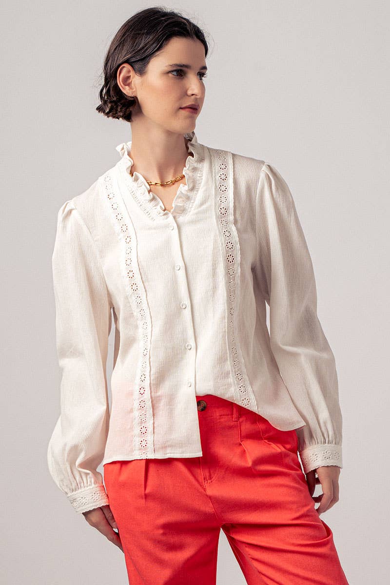 Ruffle Neck Lace Trim Button Down Long Sleeve Blouse