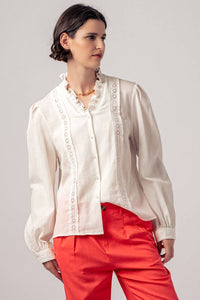 Ruffle Neck Lace Trim Button Down Long Sleeve Blouse