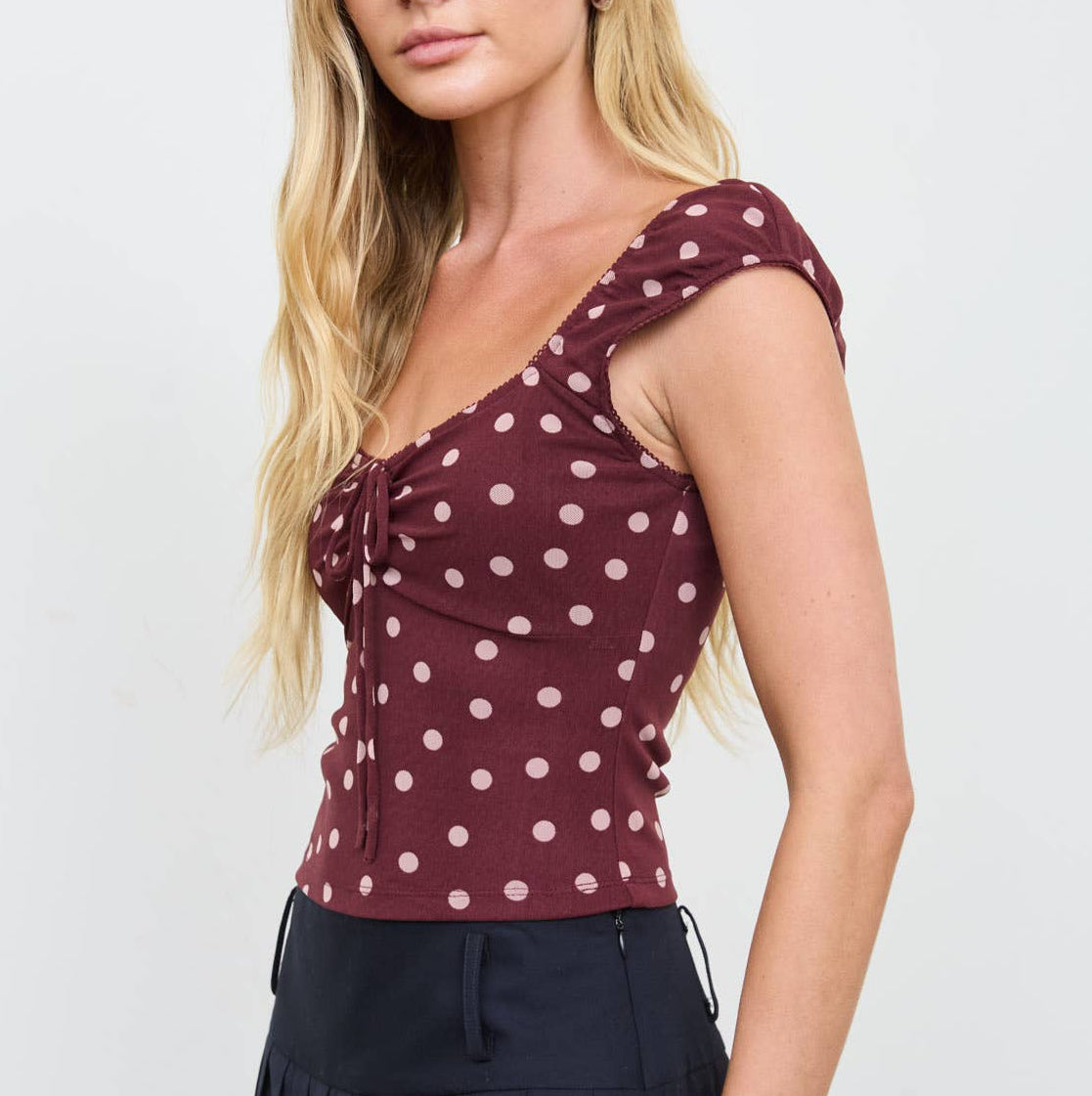 Burgundy Mesh Polka Dot Tie Front Top