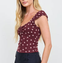 Burgundy Mesh Polka Dot Tie Front Top