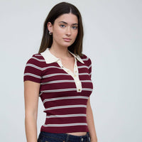 Oxblood Stripe Ribbed Contrast Polo Knit Top
