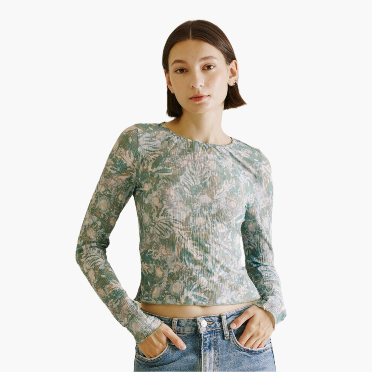 Leaves Print Crepe Long Sleeve Top