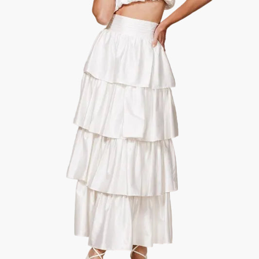 High Waisted Satin Tiered Maxi Skirt