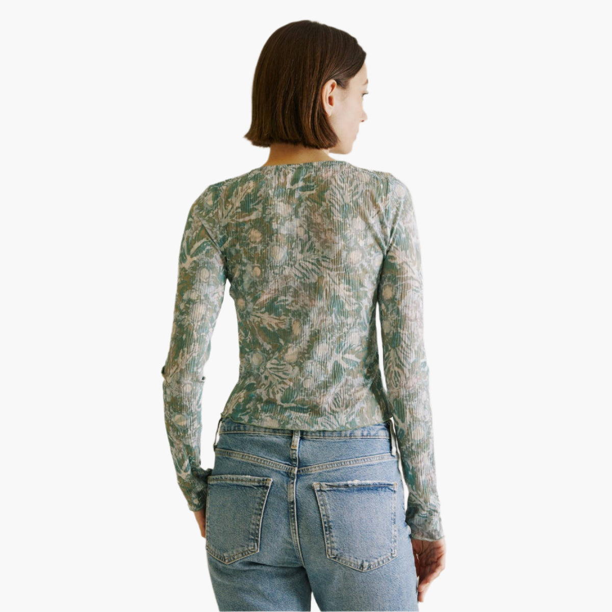 Leaves Print Crepe Long Sleeve Top