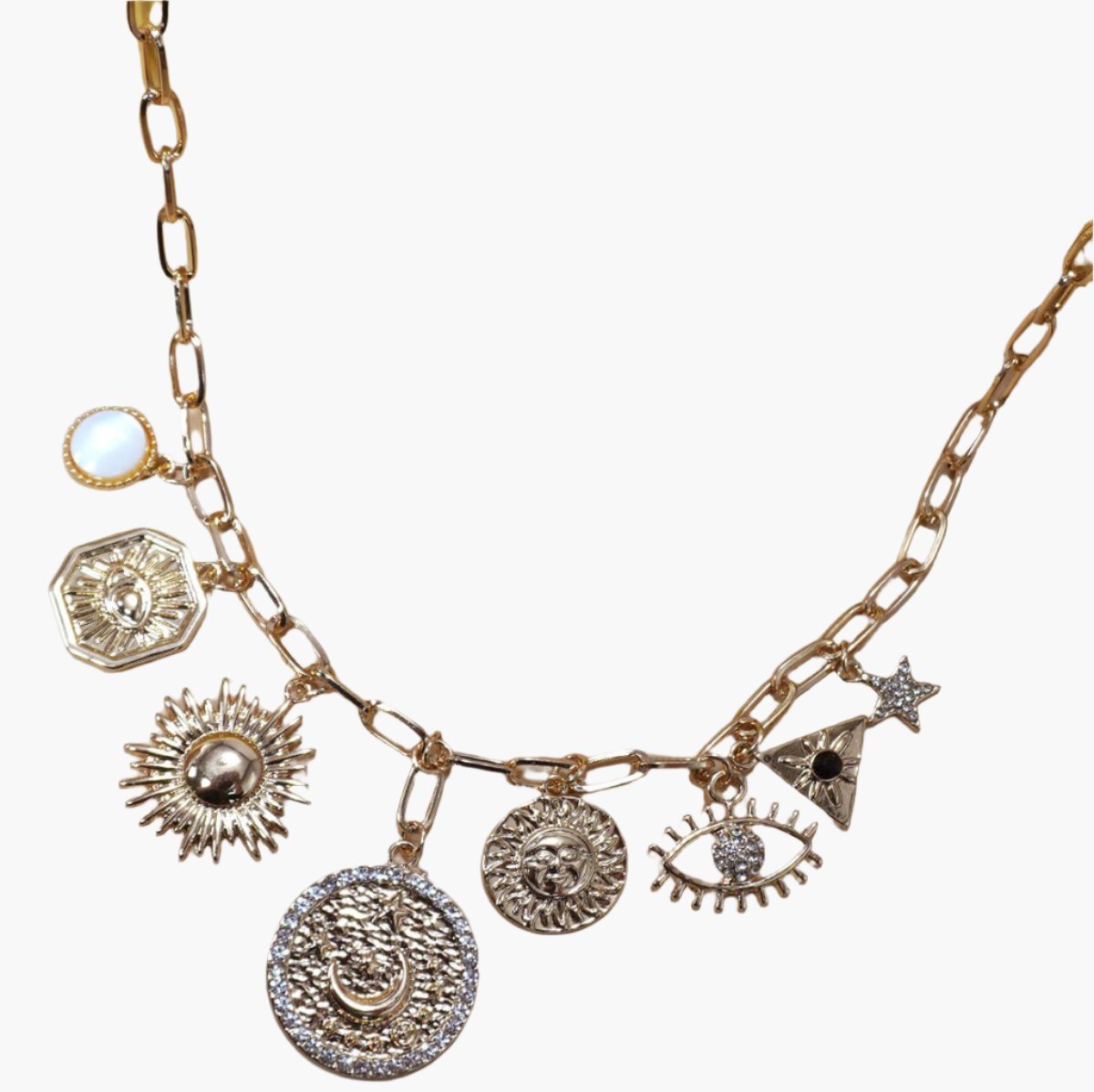 Evil Eye & Sun Medallion Charm Necklace