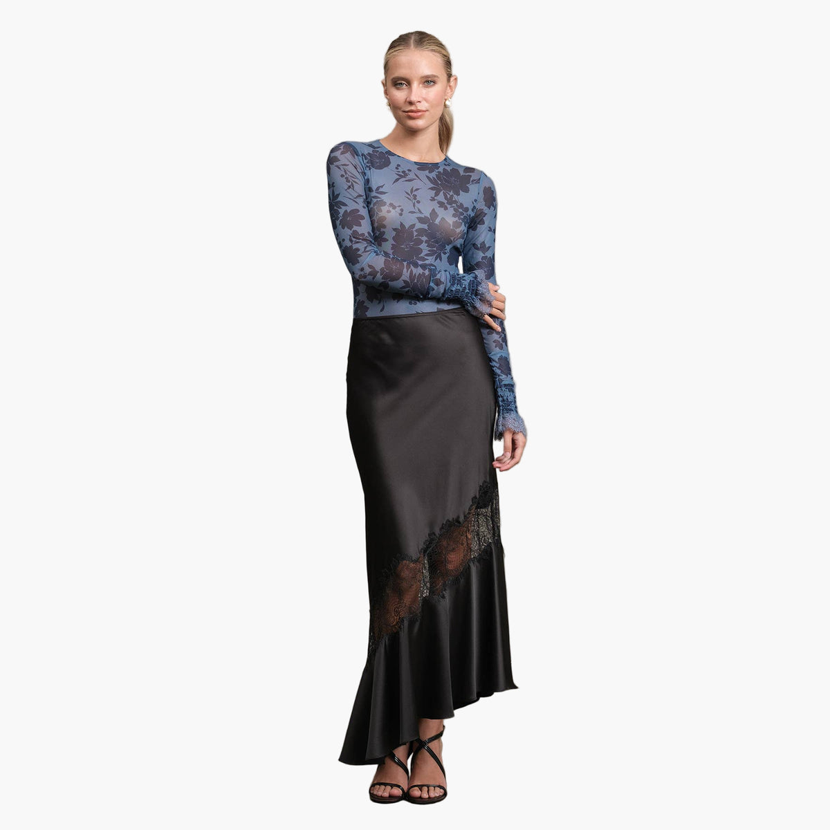 Black Satin Bias Lace Panel Skirt