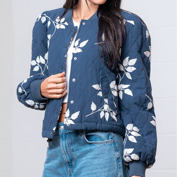 Navy Leaf Embroidered Quilted Jacket