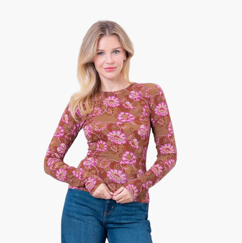 Brown Pink Floral Printed Long Sleeve Top