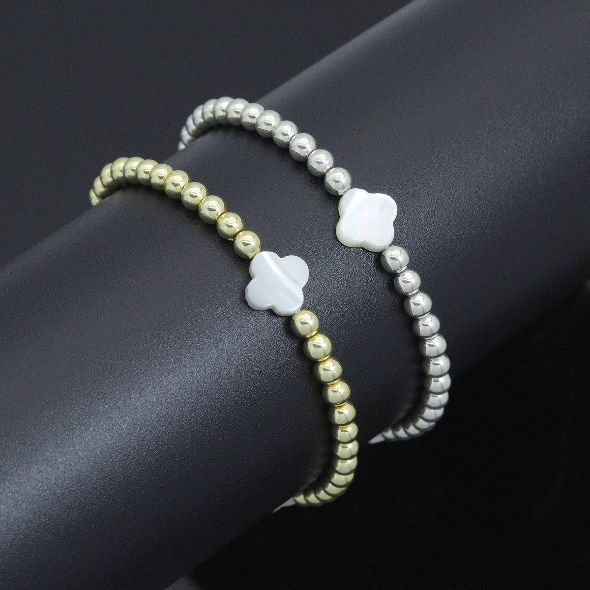 Hematite with Mother of Pearl Clover Stretchy Bracelet