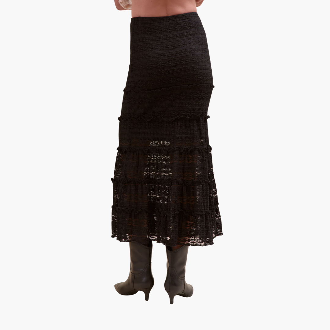 Black Lace Tiered Midi Skirt