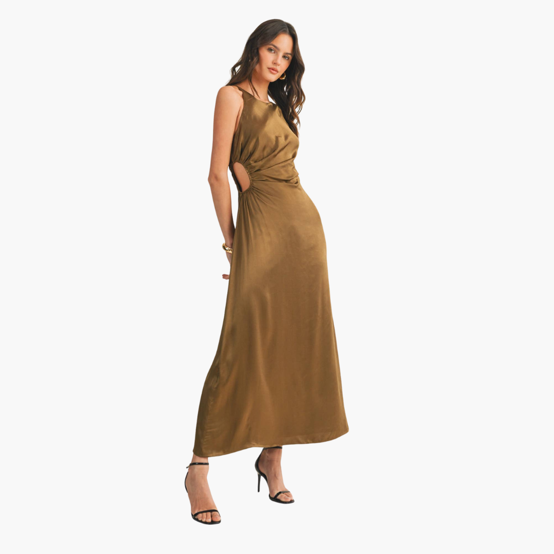 Smoke Olive Cut Out Satin Dress