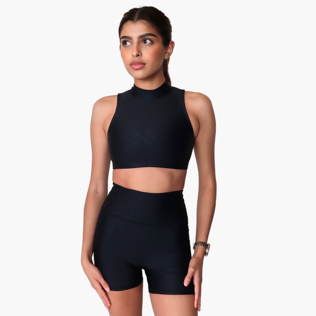 Maria Mock Neck Sports Bra in Geometric Embossed Nylon