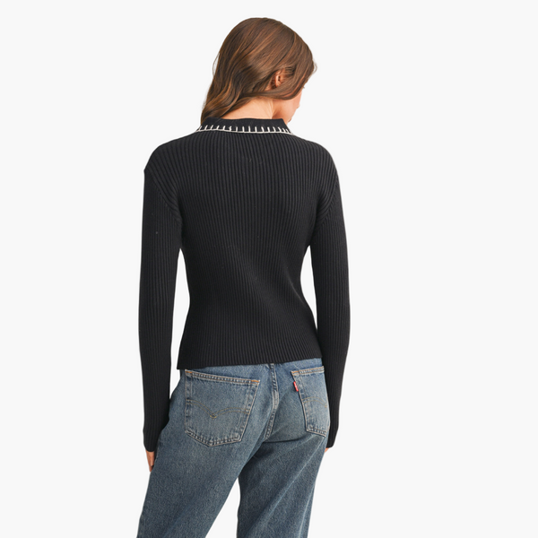 Black Collard Contrast Stitch Sweater