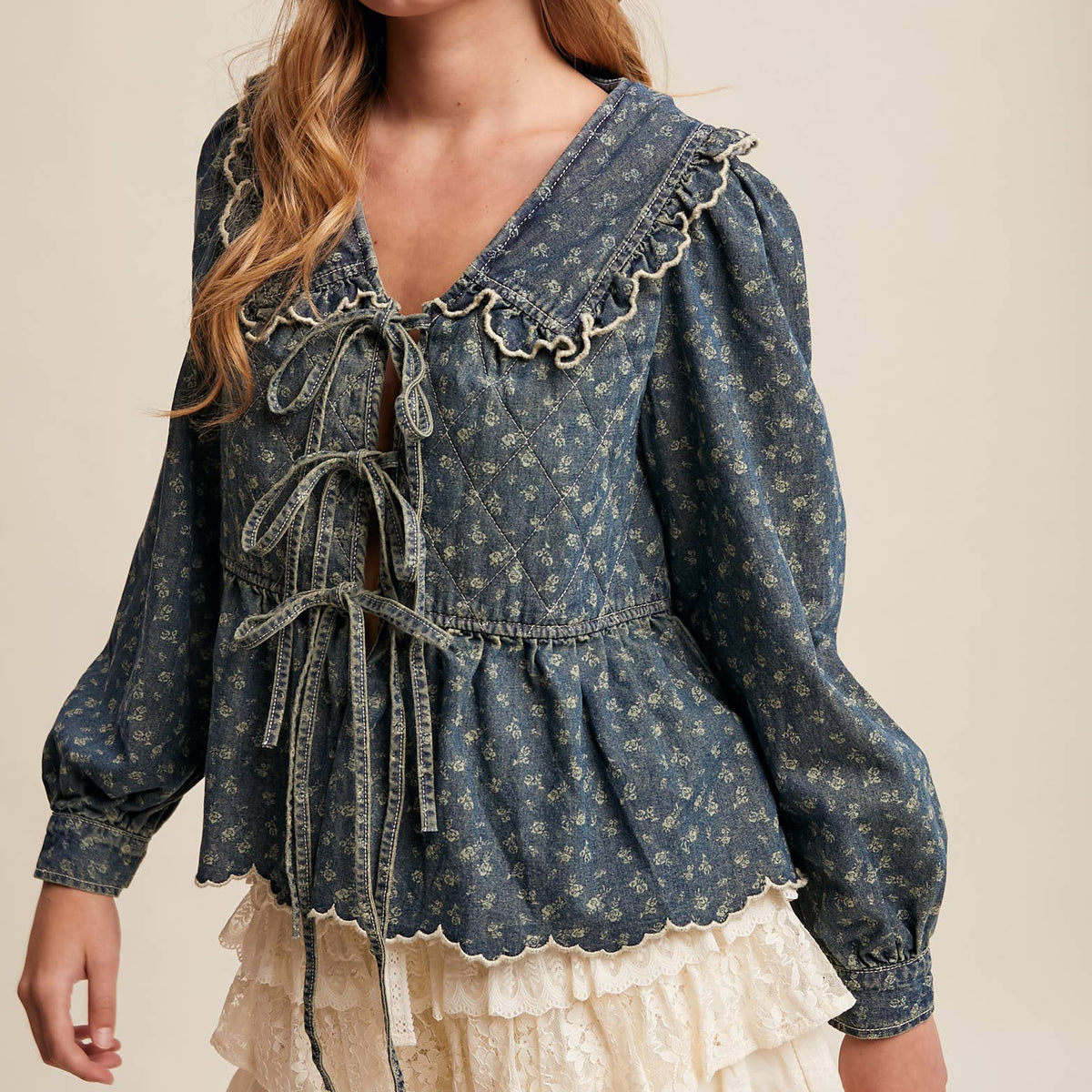 Ruffle Collar Tie-Front Denim Blouse