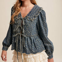 Ruffle Collar Tie-Front Denim Blouse