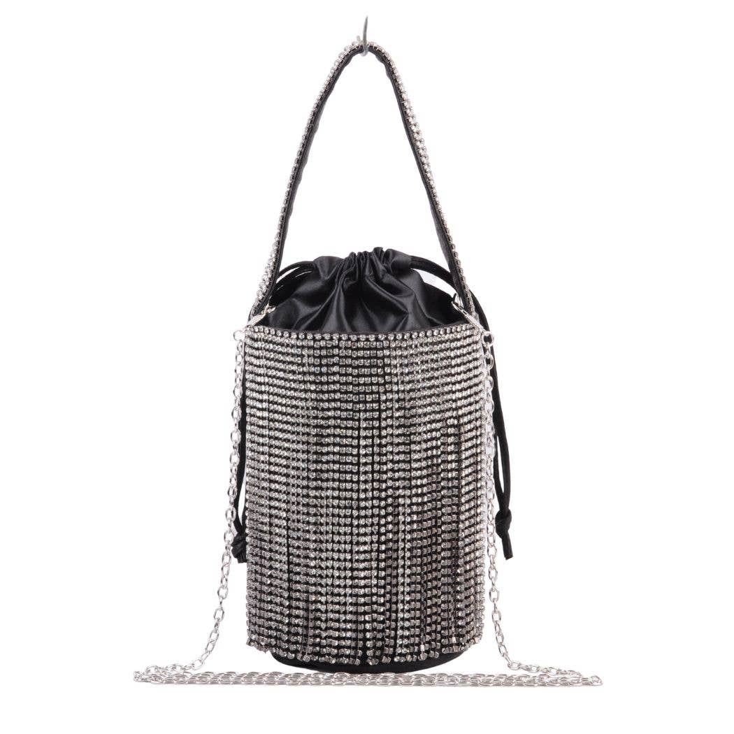 Black Rhinestone Fringe Drawstring Handbag