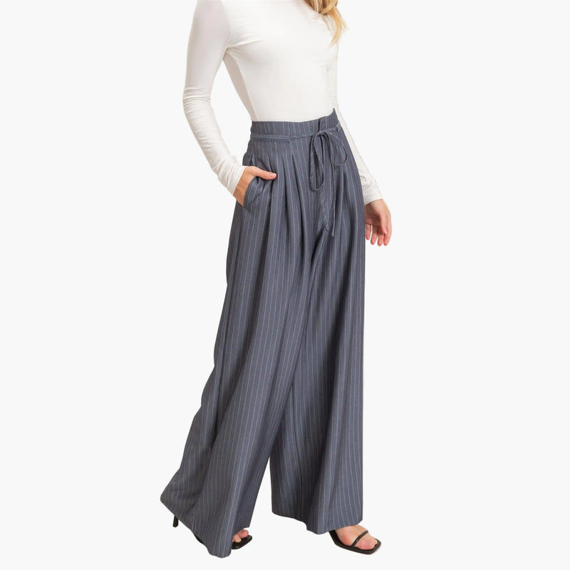 Light Navy Pleated Wide-Leg Pants