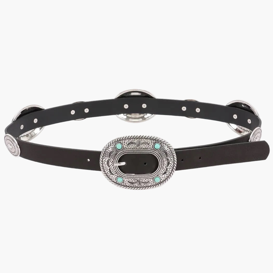 Silver Turquoise Accent Faux Leather Multi Metal Belt