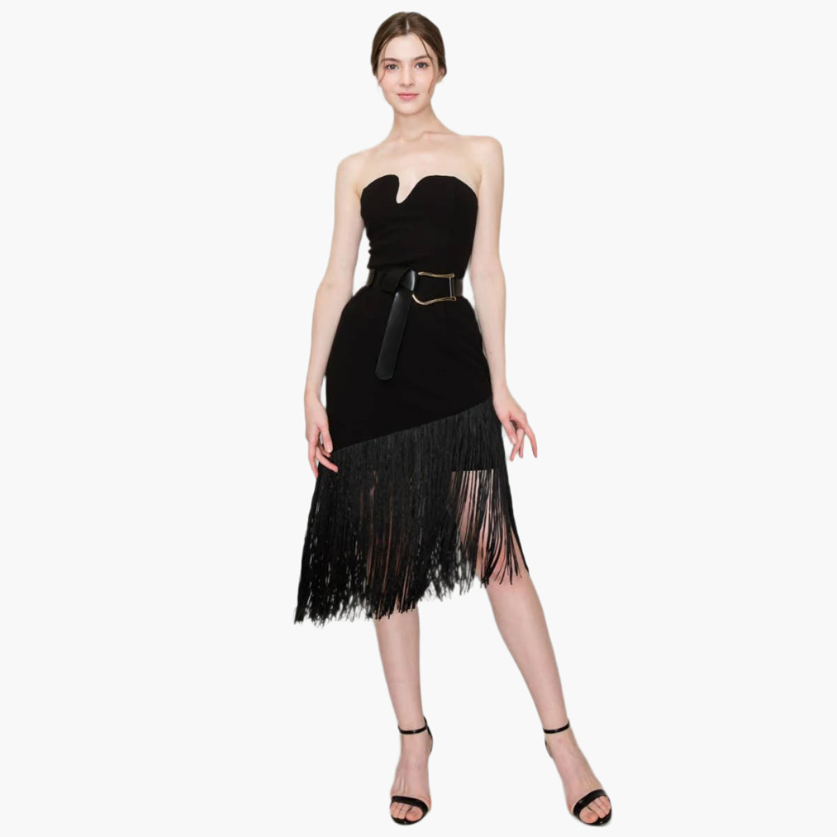 Strapless Belted Fringe Midi Dress