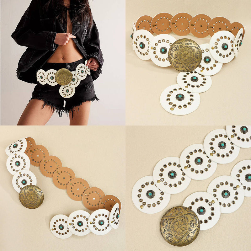 White Studded Circular Disc Snap-On Western Cowboy Belt