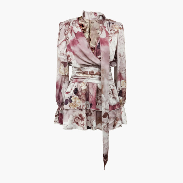 Mauve Spring Floral Satin Tiered Mini Dress