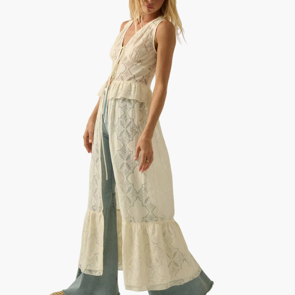 Floral Lace Ruffled Tie-Front Sleeveless Maxi Top