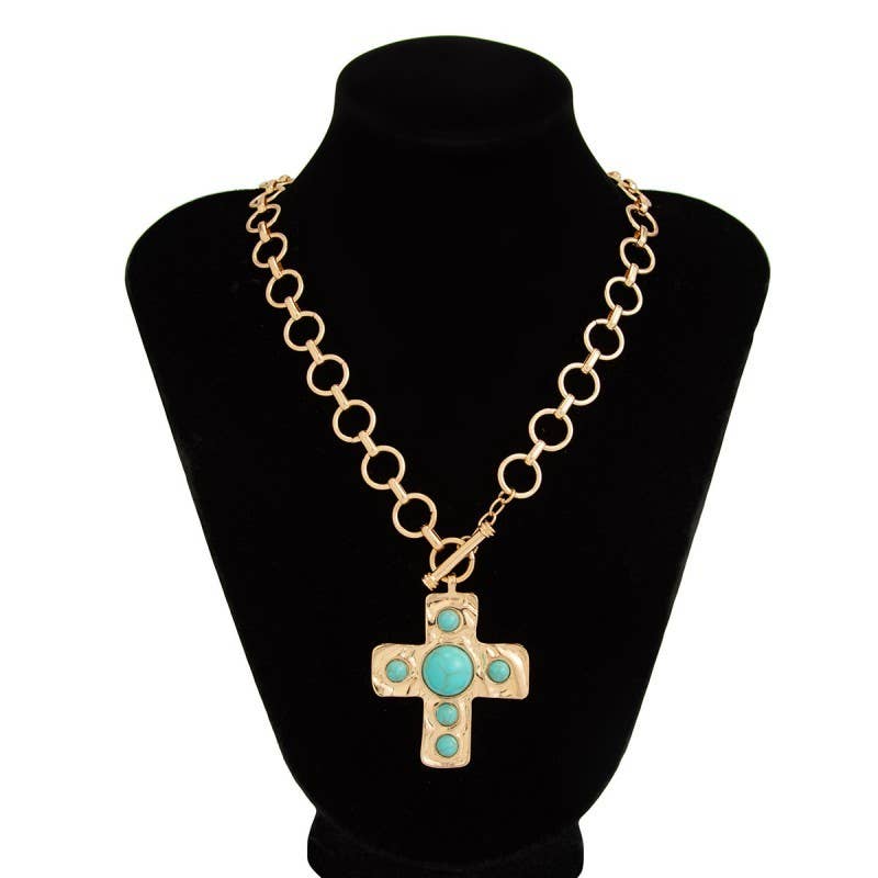 Textured Turquoise Hammered Cross Necklace
