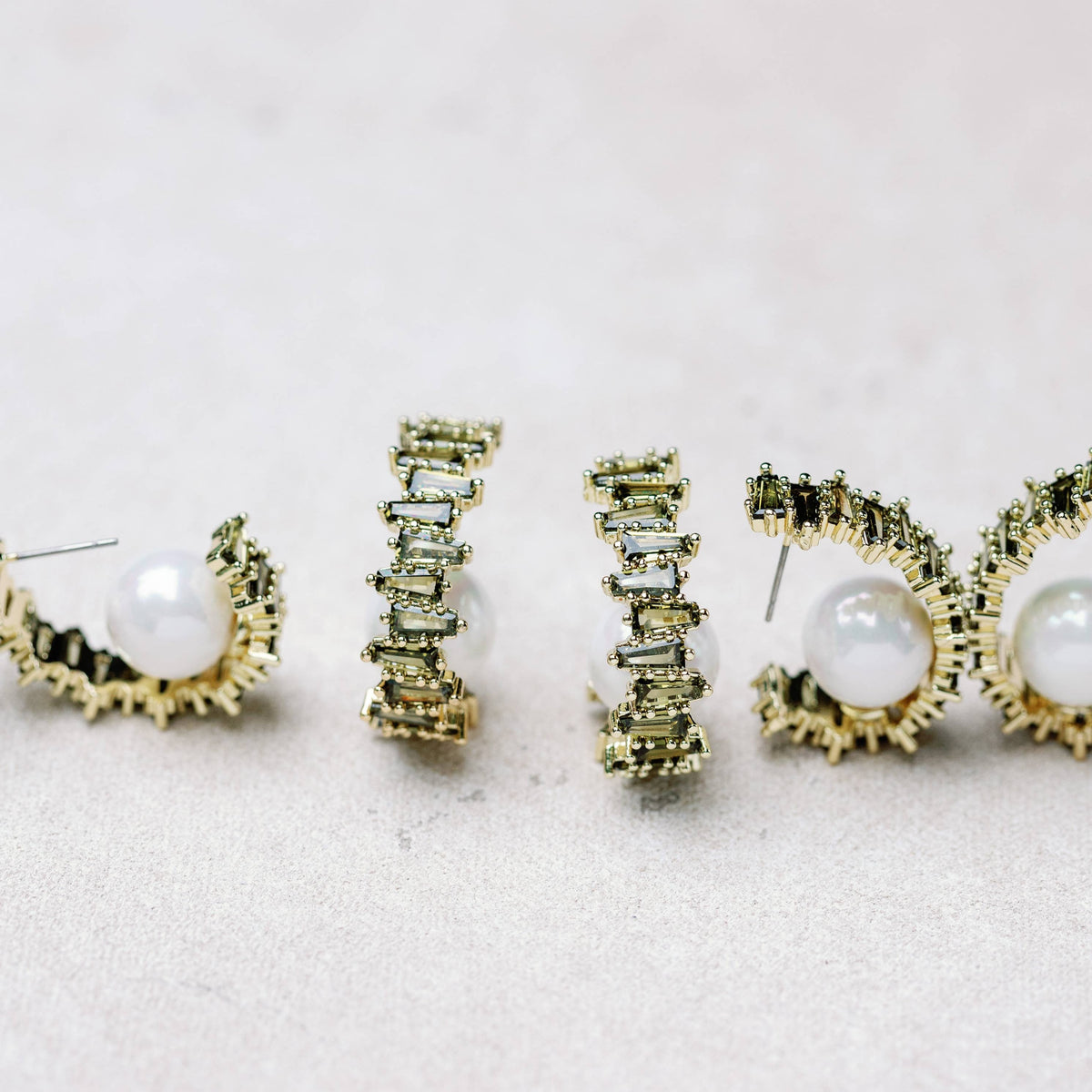 Green Rhinestone and Pearl Statement Hoop Earrings