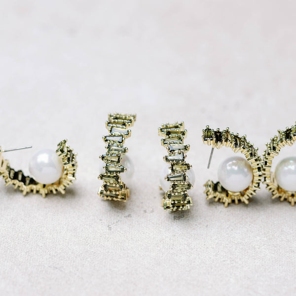 Green Rhinestone and Pearl Statement Hoop Earrings