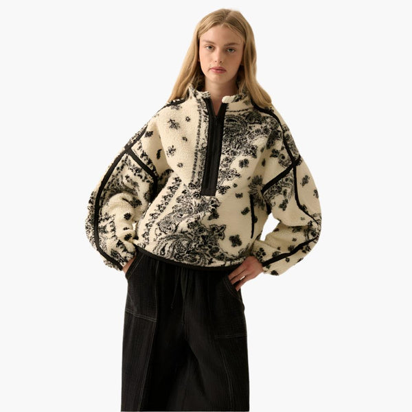 Floral Sherpa Fleece Half-Zip Pullover Jacket