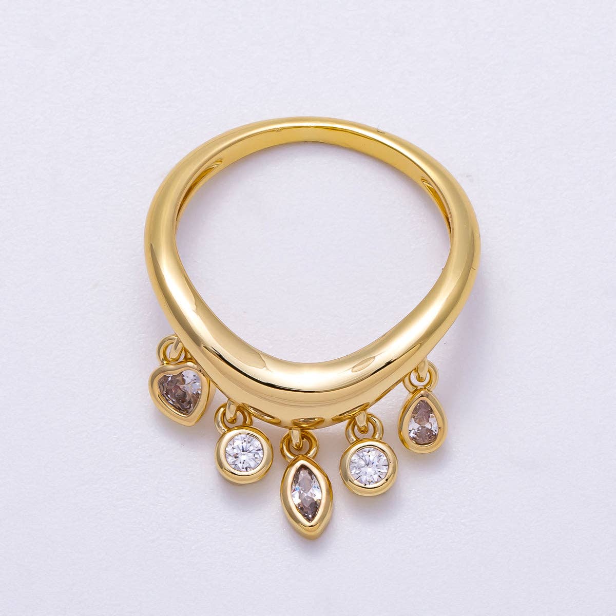 16K Gold Filled Clear CZ Drop Geometric Curved Ring