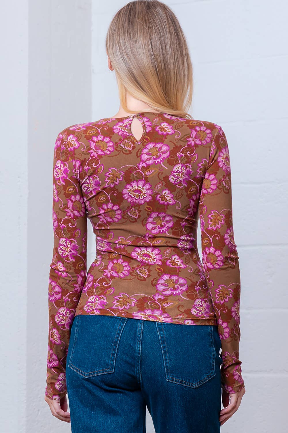 Brown Pink Floral Printed Long Sleeve Top