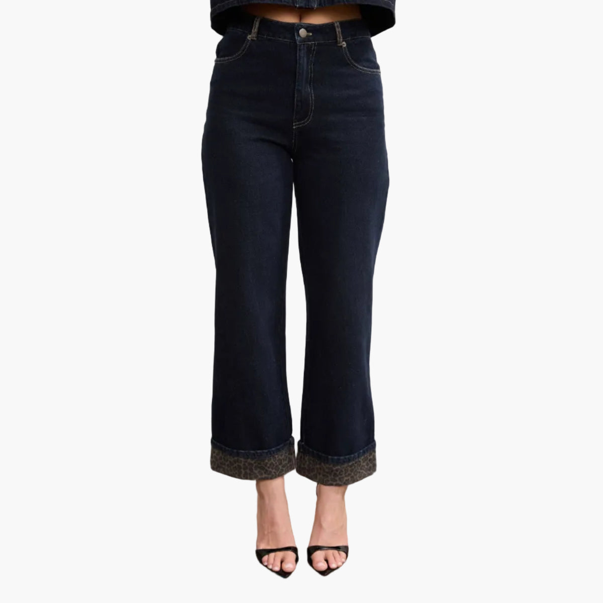 Leopard Cuff Detail Wide Leg Denim Jeans