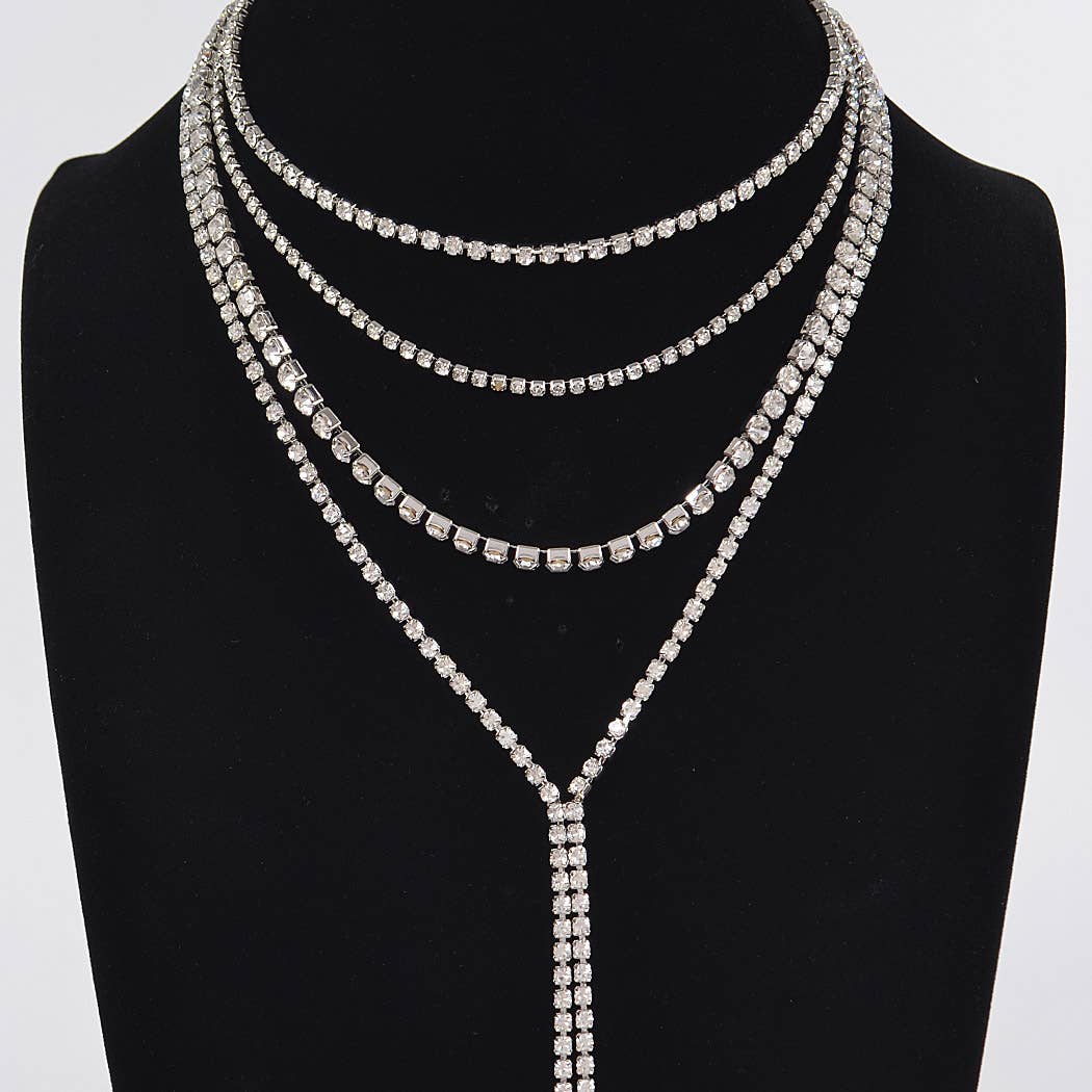 Silver Multi-Layered Rhinestone Y-Drop Necklace